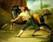 Theodore   Gericault palefrenier retenant un cheval oil on canvas